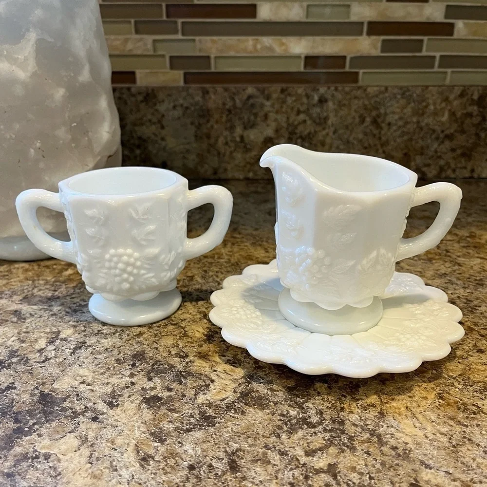 Vintage Westmoreland Milk Glass Sugar and Creamer Set Grapevine Pattern